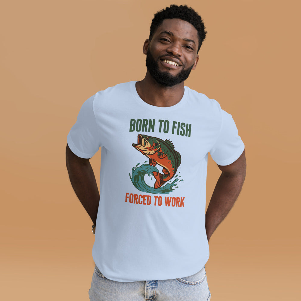 Born to Fish Forced to Work retro fishing humor tee — Baby Blue, on model