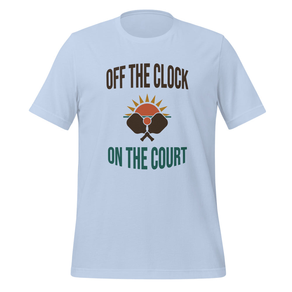 Off The Clock On The Court retro pickleball tee — Baby Blue, front