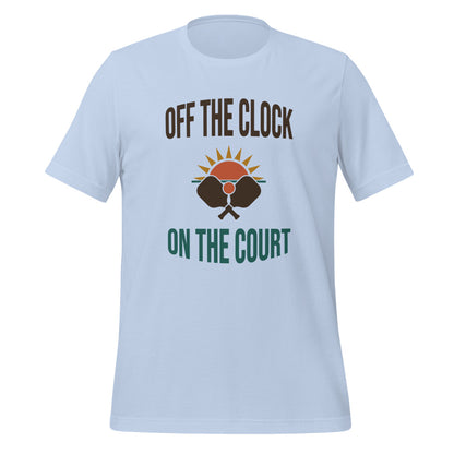 Off The Clock On The Court retro pickleball tee — Baby Blue, front