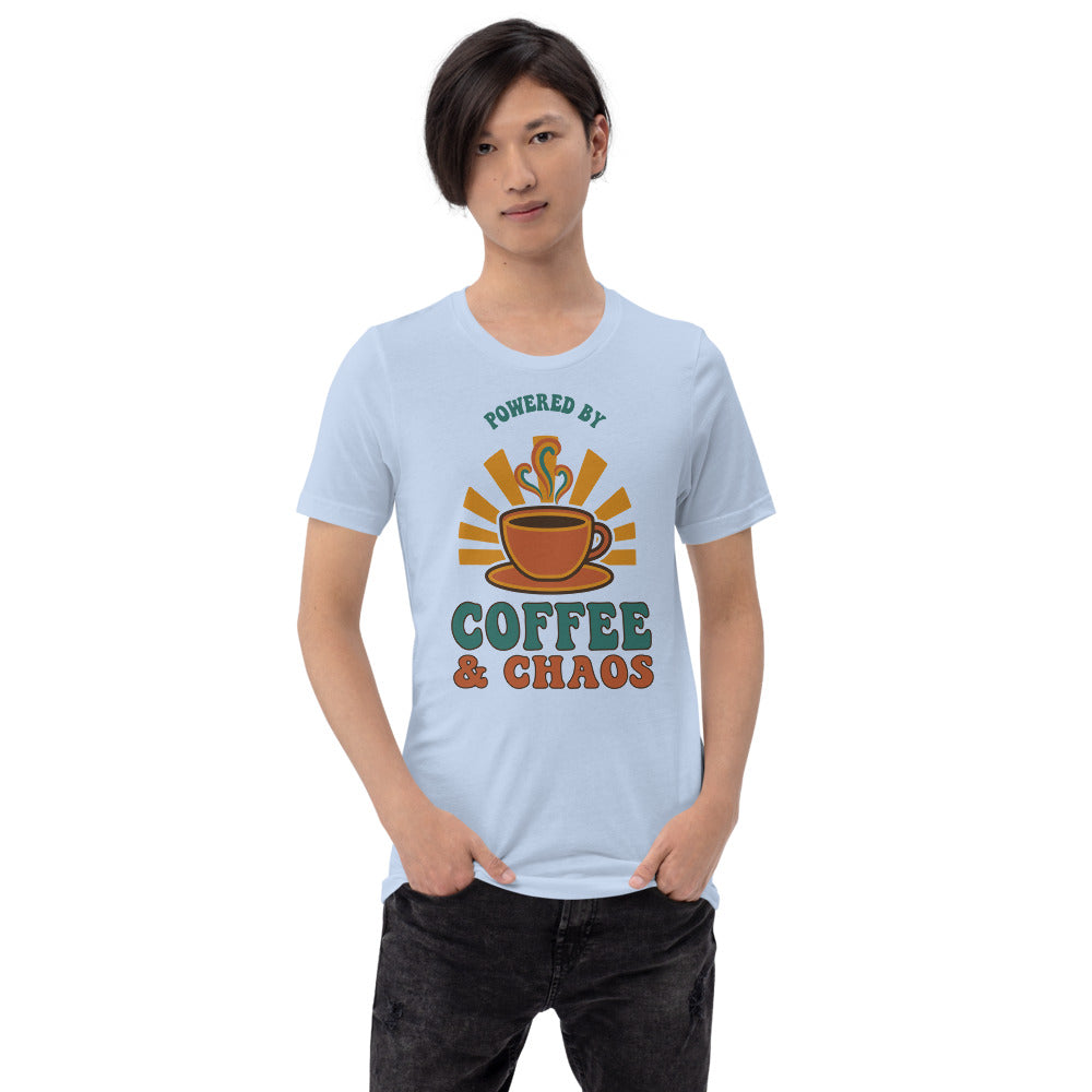 Powered By Coffee And Chaos retro groovy teacher tee — Baby Blue, on model