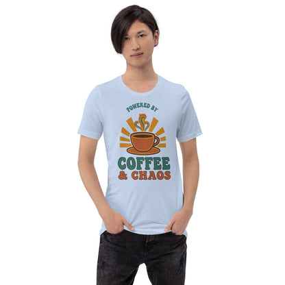 Powered By Coffee And Chaos retro groovy teacher tee — Baby Blue, on model