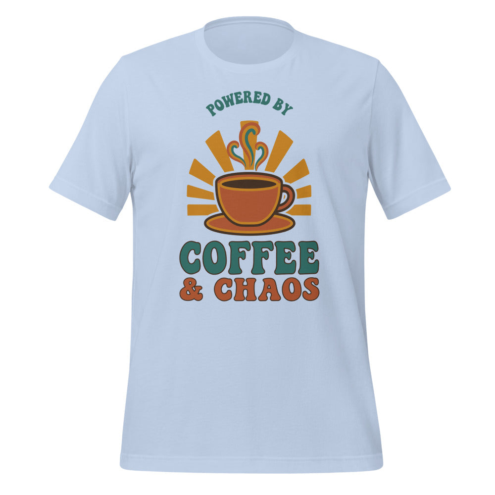 Powered By Coffee And Chaos retro groovy teacher tee — Baby Blue, front