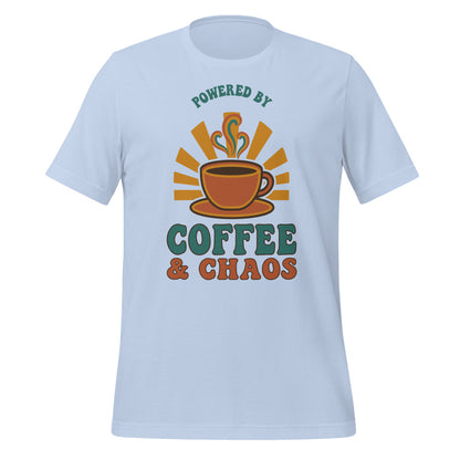 Powered By Coffee And Chaos retro groovy teacher tee — Baby Blue, front