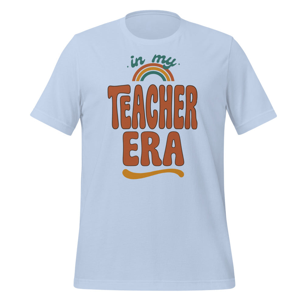 In My Teacher Era retro groovy teacher tee — Baby Blue, front
