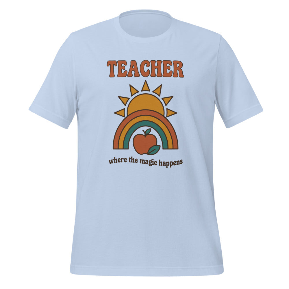 Teacher Where The Magic Happens retro groovy teacher tee — Baby Blue, front