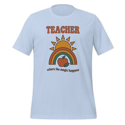 Teacher Where The Magic Happens retro groovy teacher tee — Baby Blue, front