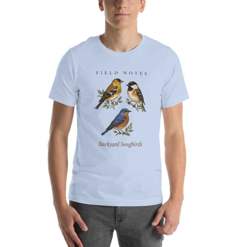 Backyard Songbirds vintage field-guide tee — Baby Blue, on model