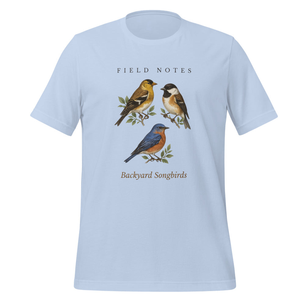 Backyard Songbirds vintage field-guide tee — Baby Blue, front