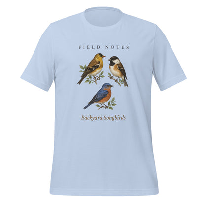 Backyard Songbirds vintage field-guide tee — Baby Blue, front