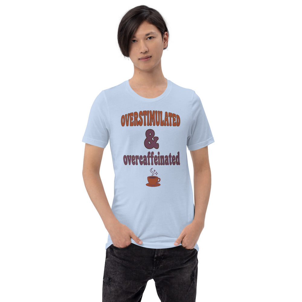 Overstimulated & Overcaffeinated soft retro coffee mental health tee — Baby Blue, on model
