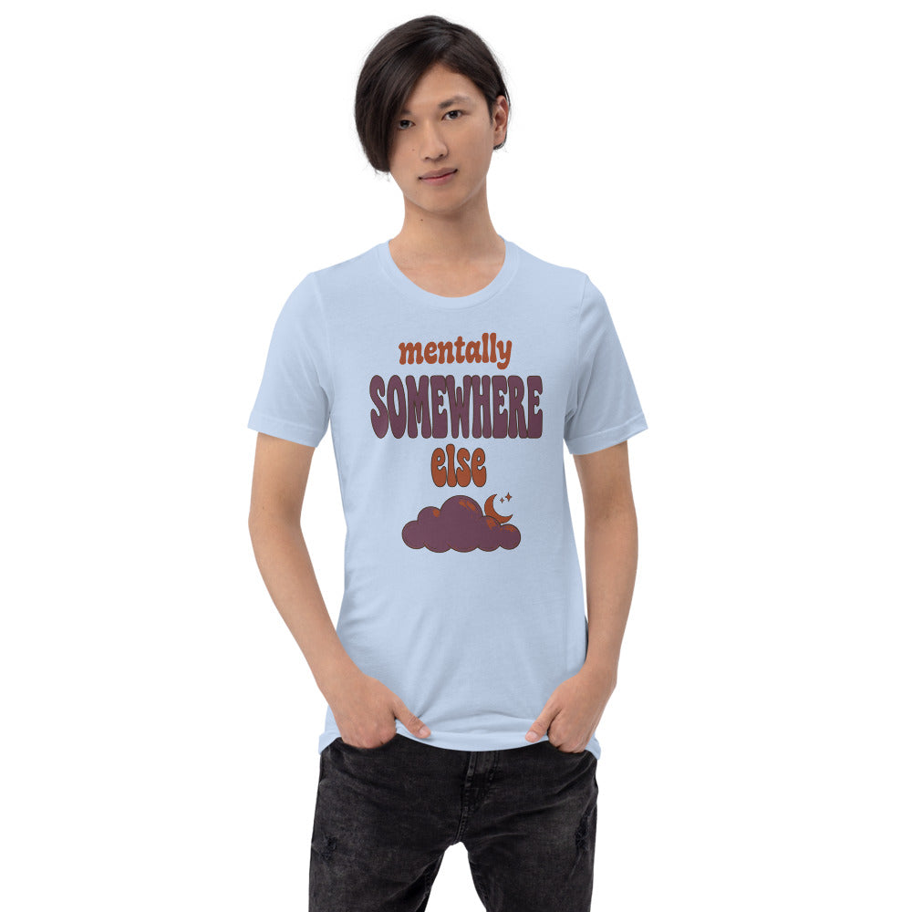 Mentally Somewhere Else soft retro daydream mental health tee — Baby Blue, on model