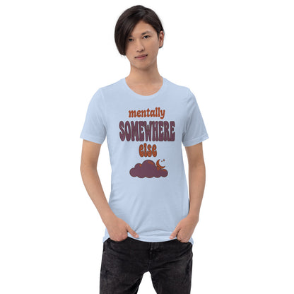 Mentally Somewhere Else soft retro daydream mental health tee — Baby Blue, on model