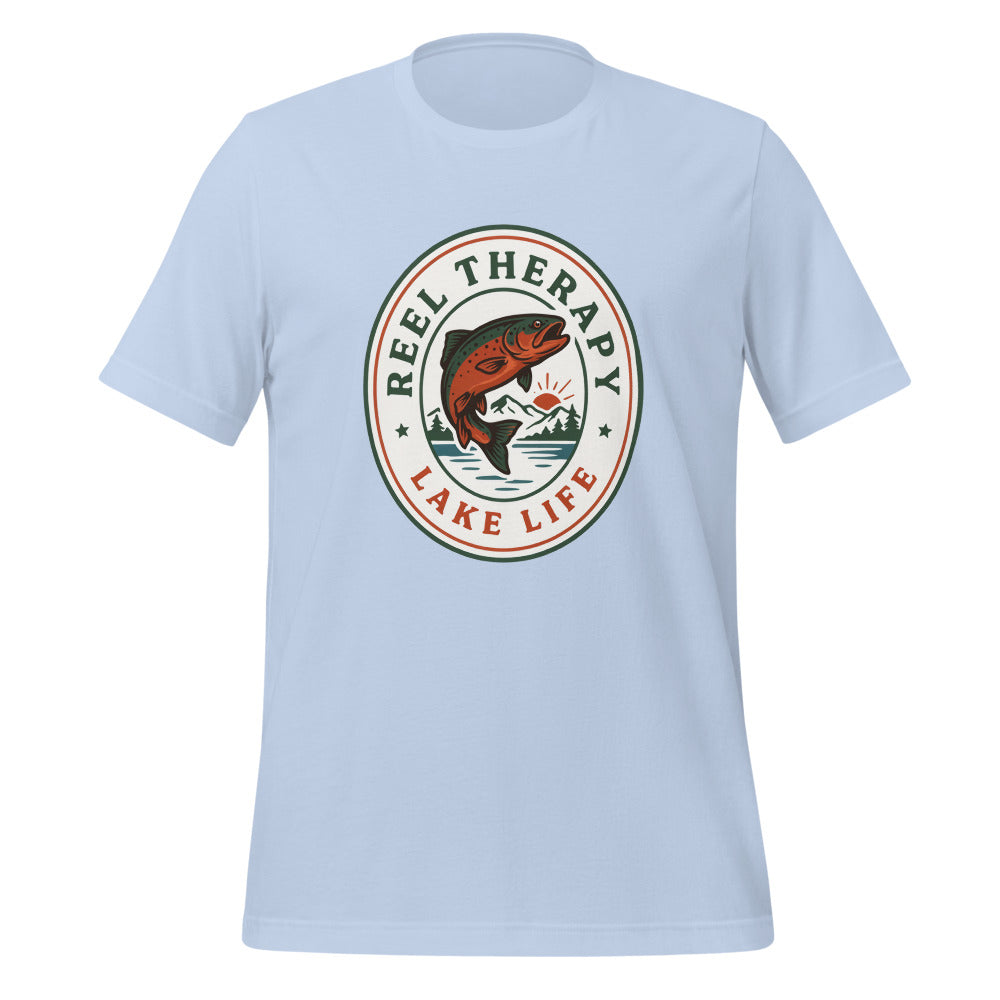 Reel Therapy retro national-park trout badge fishing tee — Baby Blue, front
