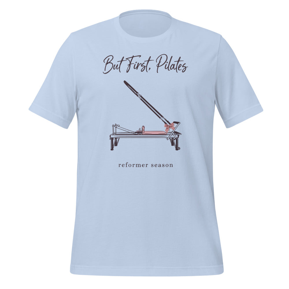 But First Pilates reformer line-art tee — Baby Blue, front