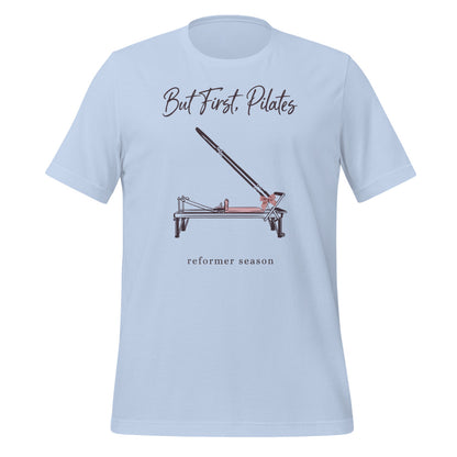 But First Pilates reformer line-art tee — Baby Blue, front