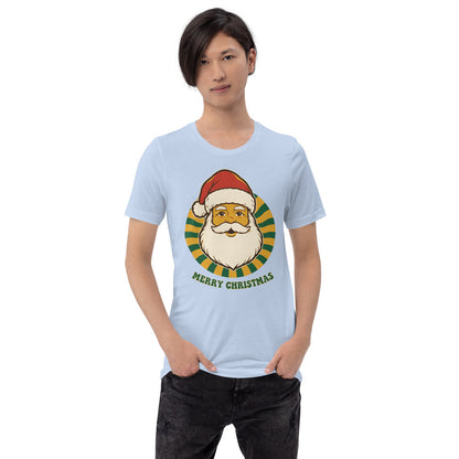 Groovy Santa retro Christmas tee — Baby Blue, on model