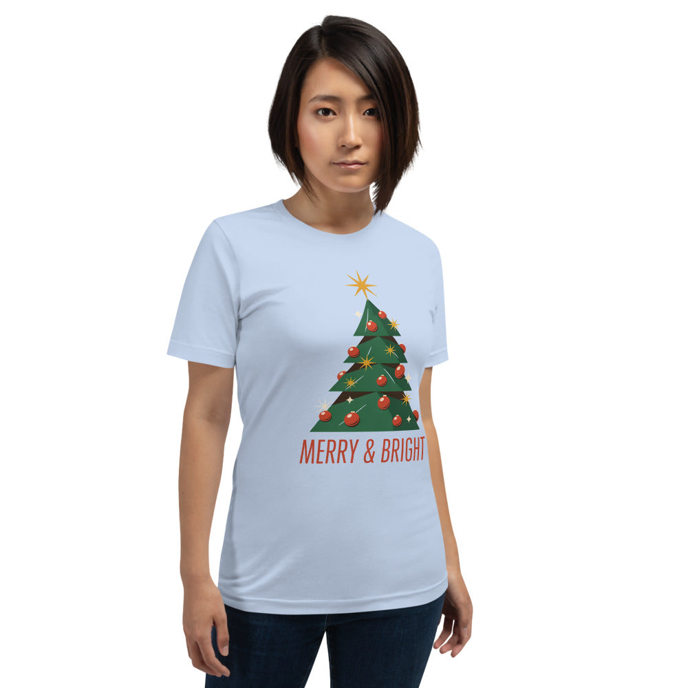 Atomic mid-century retro Christmas tree tee — Baby Blue, on model