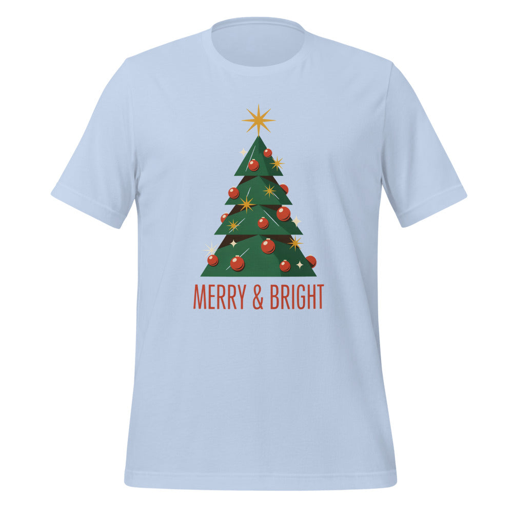 Atomic mid-century retro Christmas tree tee — Baby Blue, front