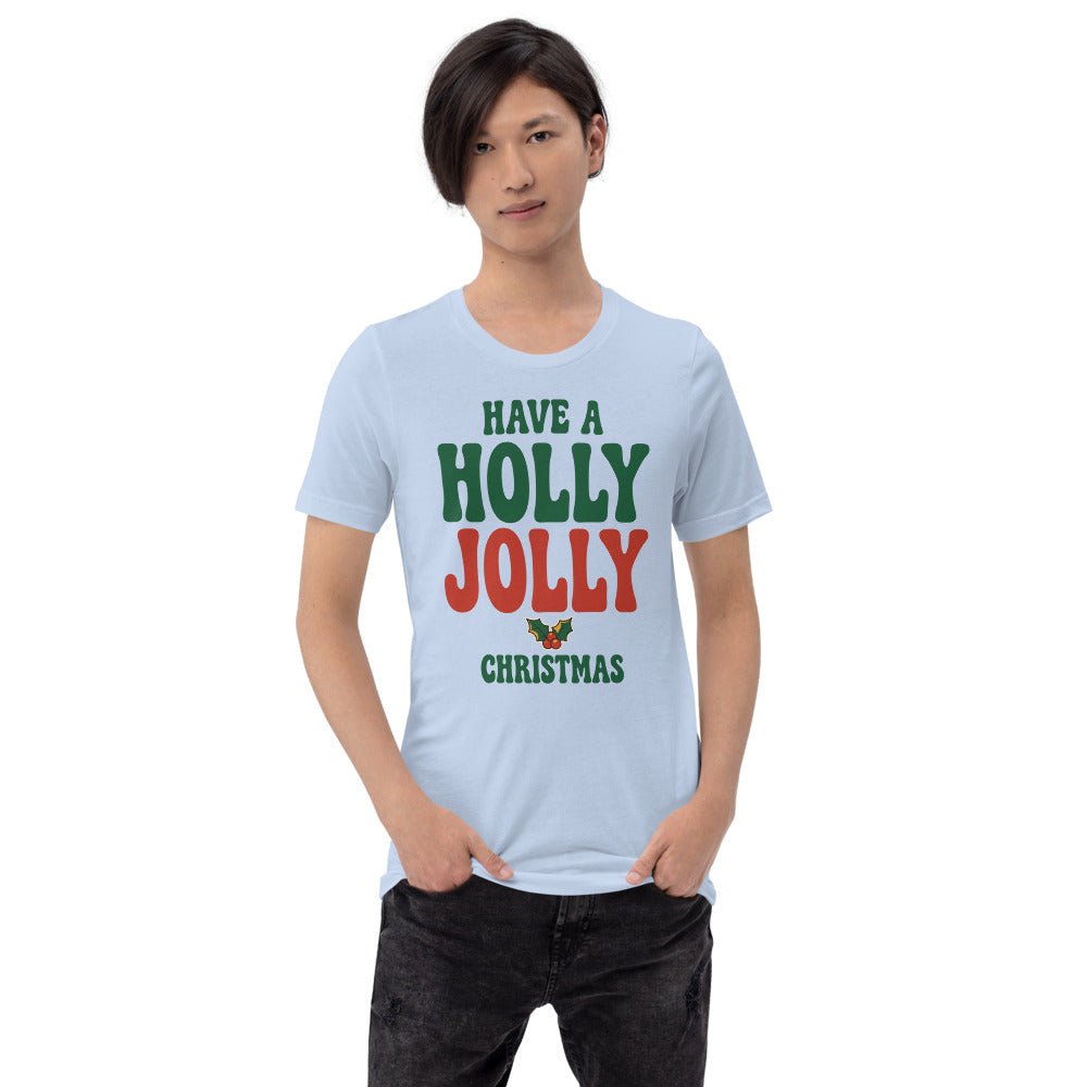 Groovy Holly Jolly retro Christmas tee — Baby Blue, on model