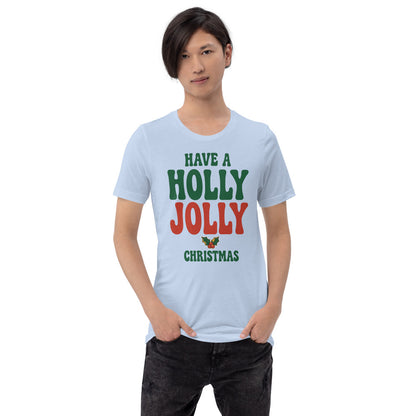 Groovy Holly Jolly retro Christmas tee — Baby Blue, on model