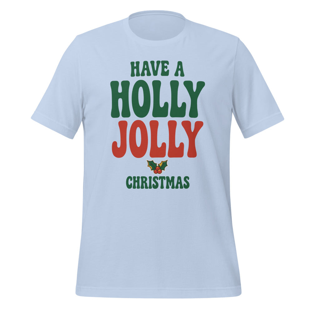 Groovy Holly Jolly retro Christmas tee — Baby Blue, front