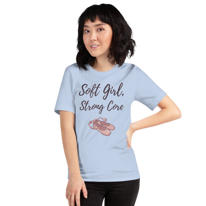Soft Girl Strong Core ballet coquette pilates tee — Baby Blue, on model