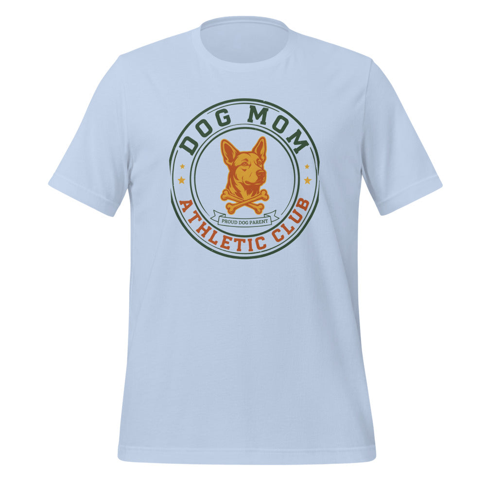 Dog Mom Athletic Club vintage varsity crest tee — Baby Blue, front