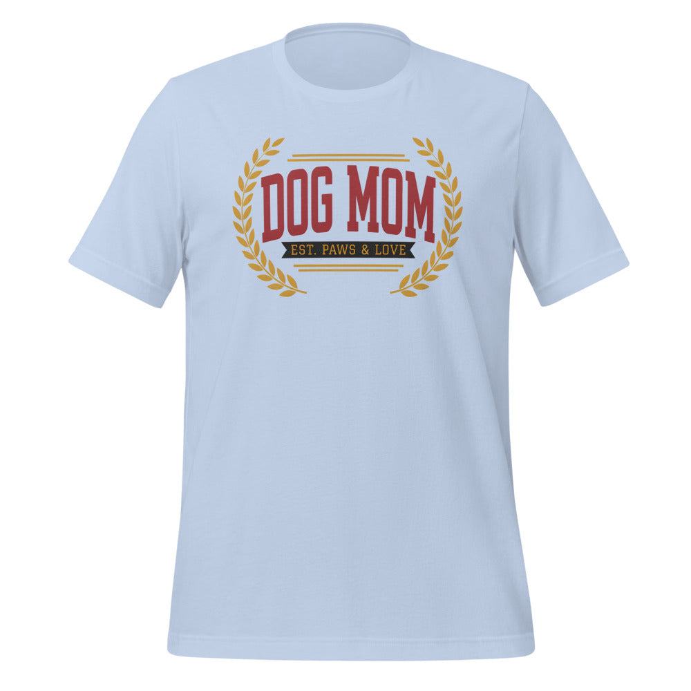 Dog Mom vintage varsity wordmark tee — Baby Blue, front