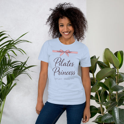 Pilates Princess coquette bow tee — Baby Blue, on model