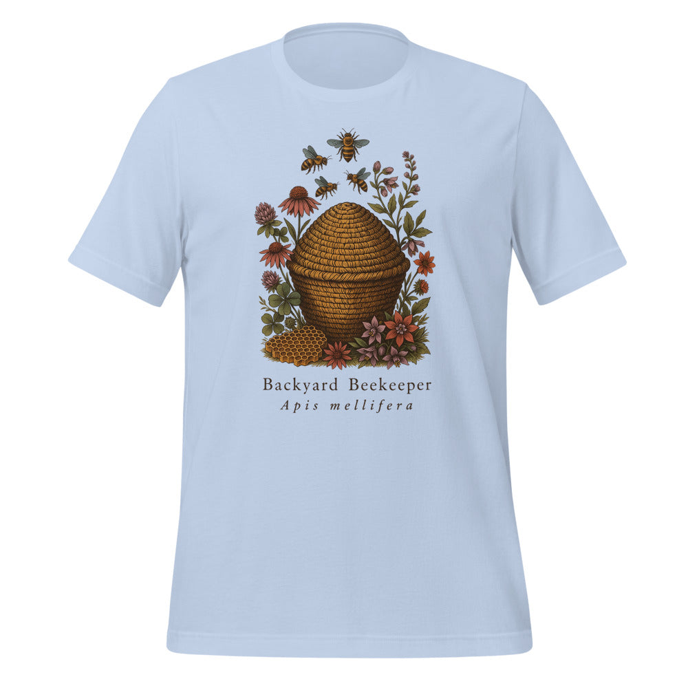 Backyard Beekeeper field-guide bee tee — Baby Blue, front