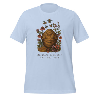 Backyard Beekeeper field-guide bee tee — Baby Blue, front