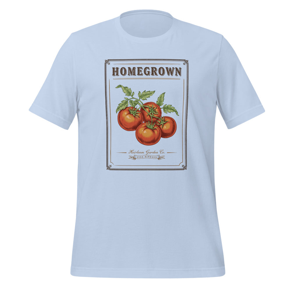 Homegrown Heirloom Seed Packet gardening tee — Baby Blue, front