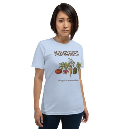 Backyard Harvest heirloom vegetable gardening tee — Baby Blue, on model