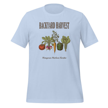 Backyard Harvest heirloom vegetable gardening tee — Baby Blue, front