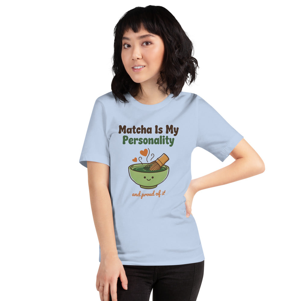 Matcha Is My Personality retro matcha tee — Baby Blue, on model