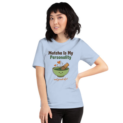 Matcha Is My Personality retro matcha tee — Baby Blue, on model
