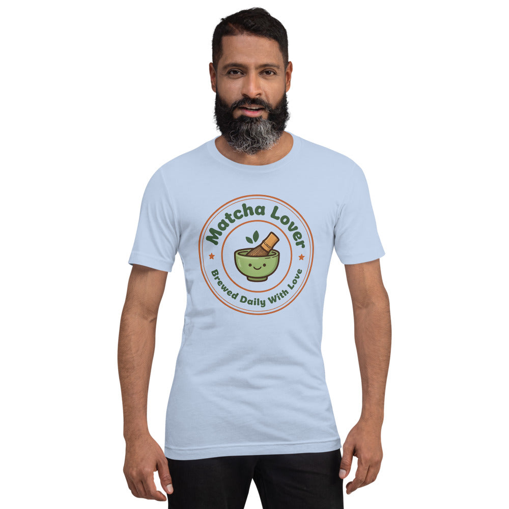 Matcha Lover retro café badge tee — Baby Blue, on model