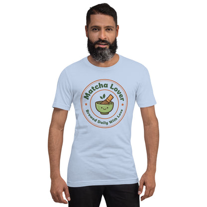 Matcha Lover retro café badge tee — Baby Blue, on model