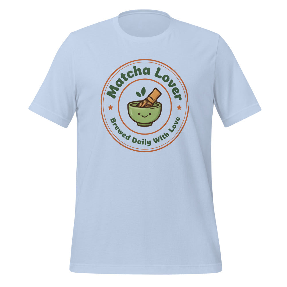 Matcha Lover retro café badge tee — Baby Blue, front