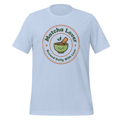 Matcha Lover retro café badge tee — Baby Blue, front