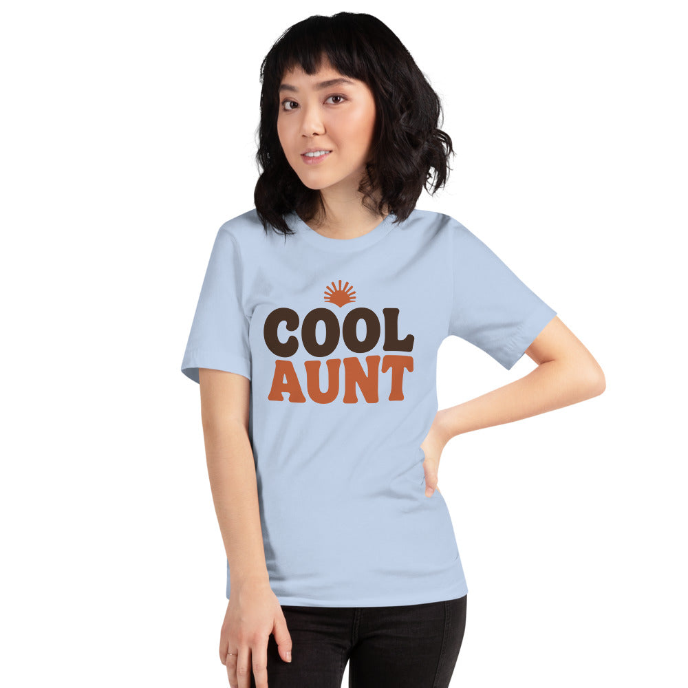Cool Aunt retro groovy aunt tee — Baby Blue, on model