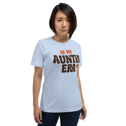 In My Auntie Era retro groovy aunt tee — Baby Blue, on model