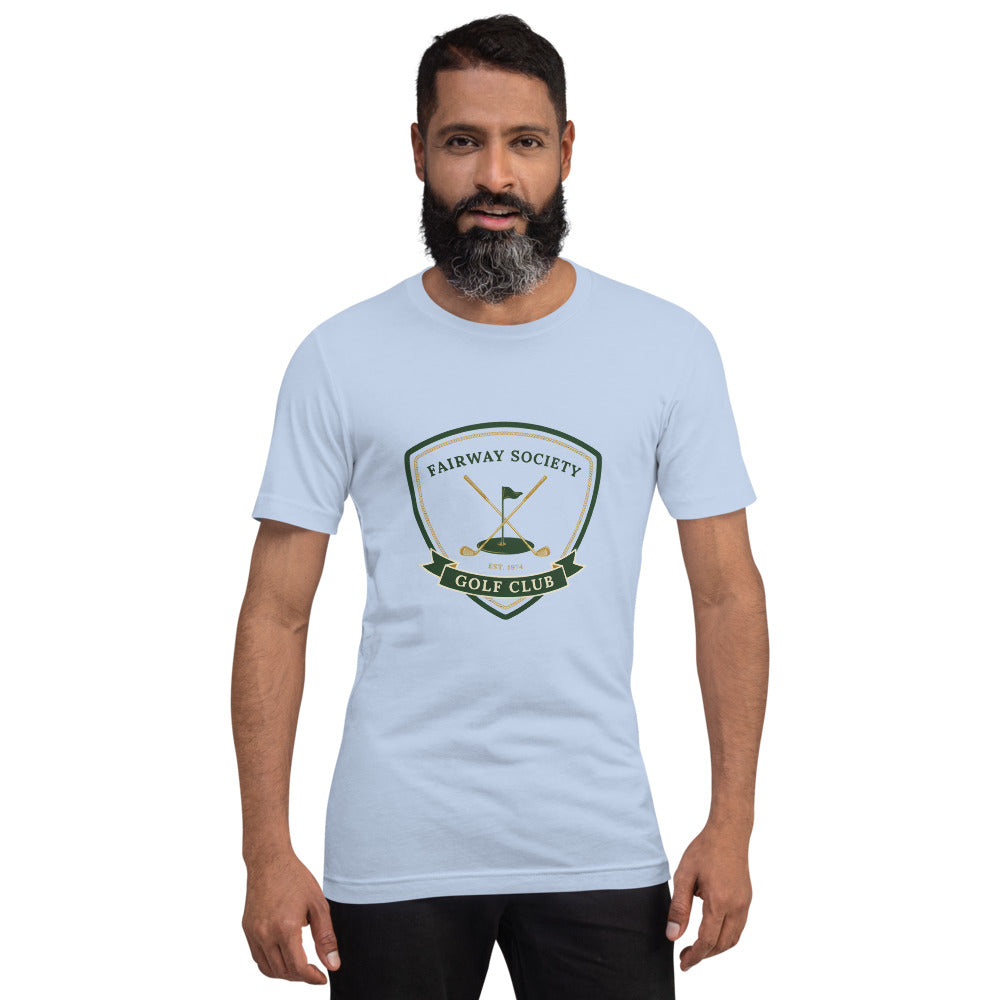 Fairway Society vintage golf club crest tee — Baby Blue, on model