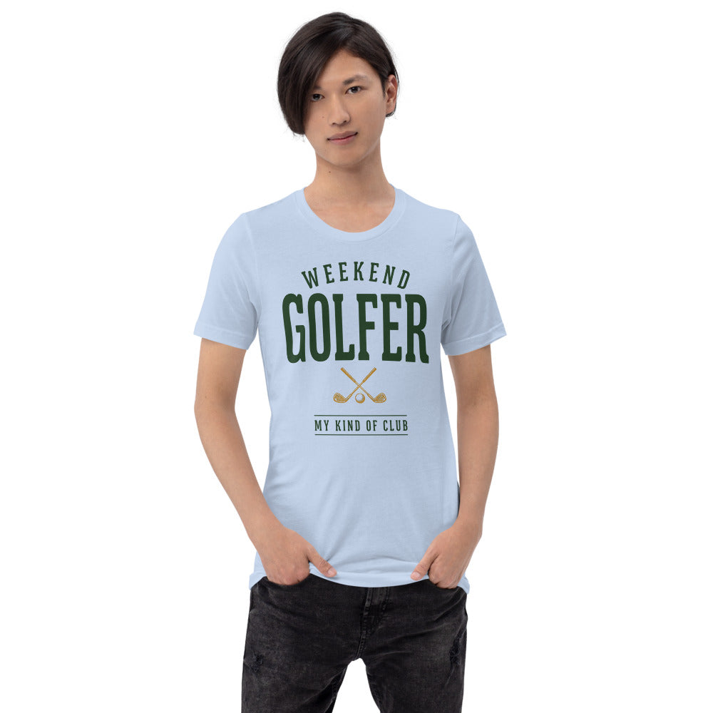 Weekend Golfer vintage golf wordmark tee — Baby Blue, on model