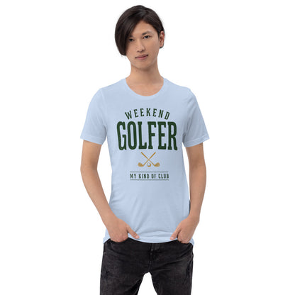 Weekend Golfer vintage golf wordmark tee — Baby Blue, on model