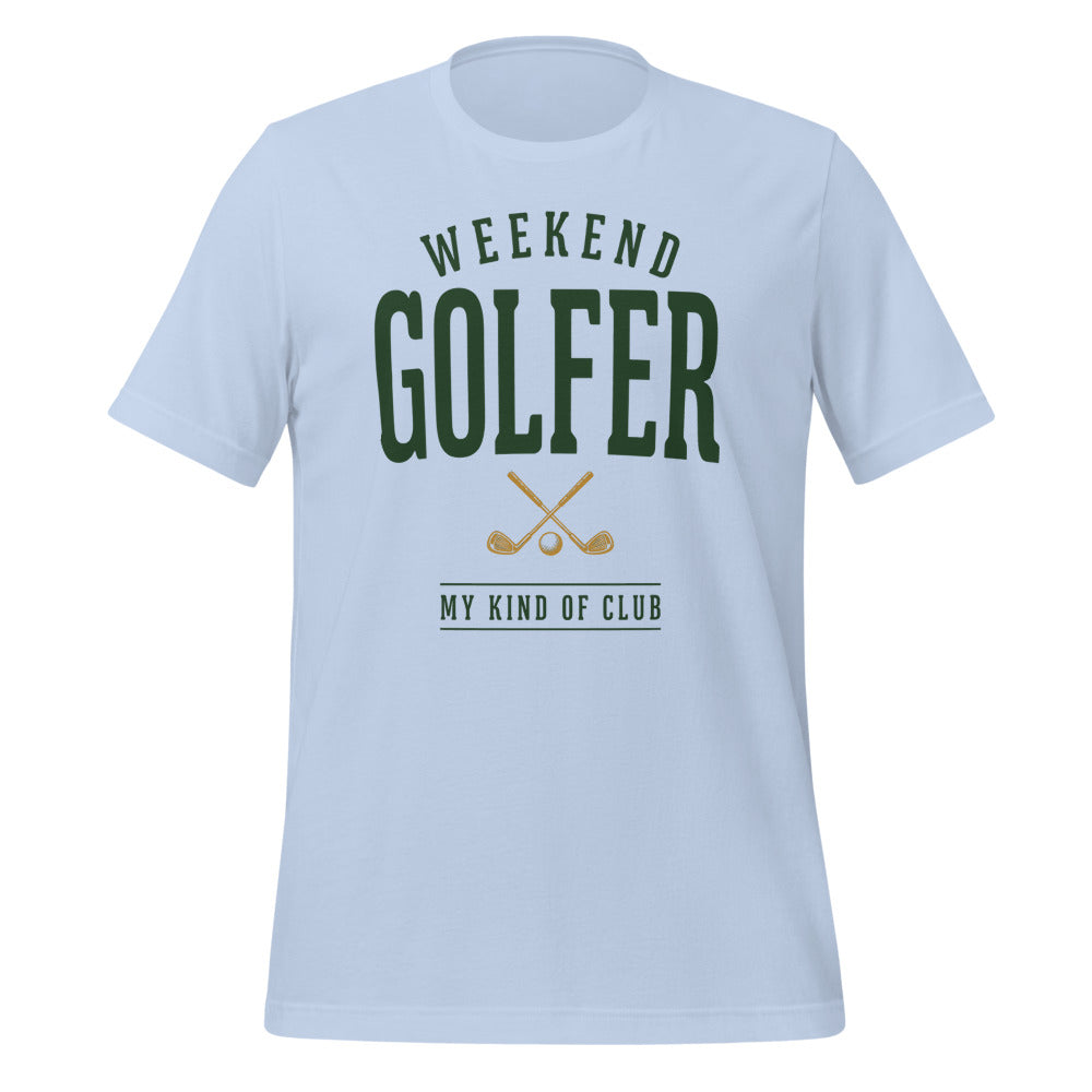 Weekend Golfer vintage golf wordmark tee — Baby Blue, front