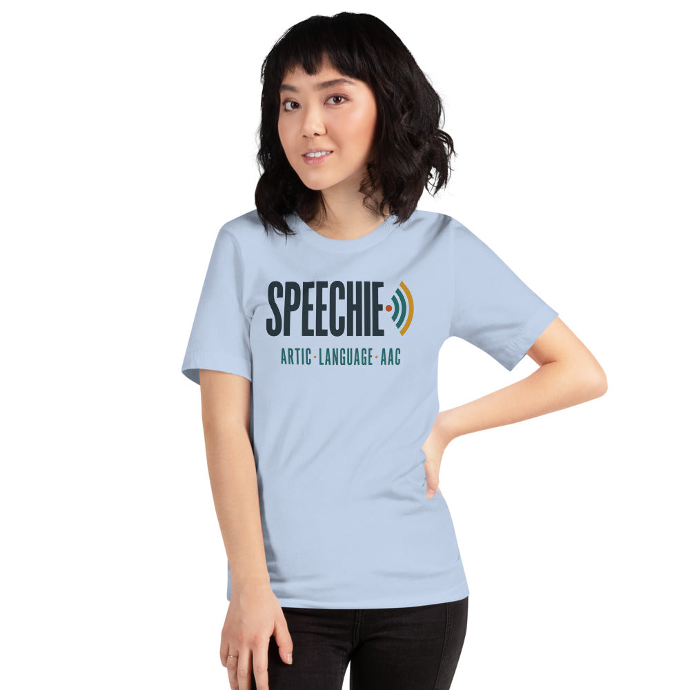 Speechie Wordmark speech therapy tee — Baby Blue, on model