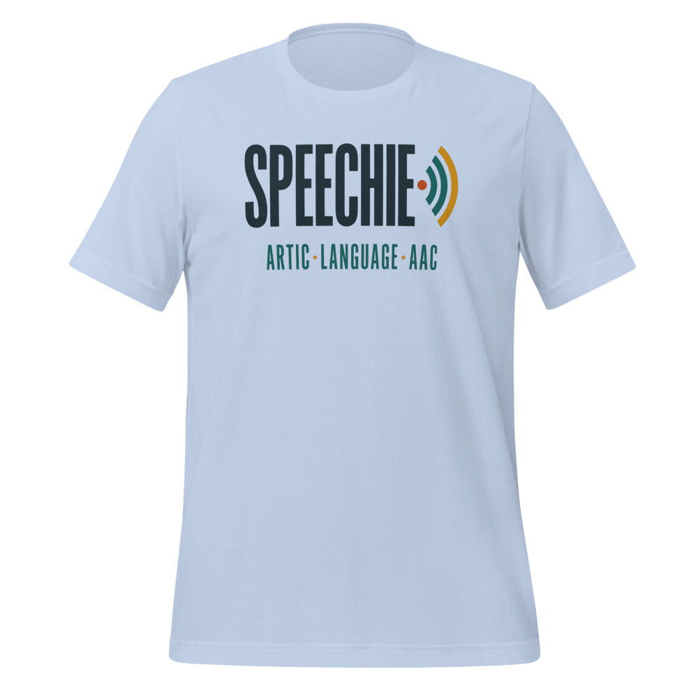 Speechie Wordmark speech therapy tee — Baby Blue, front