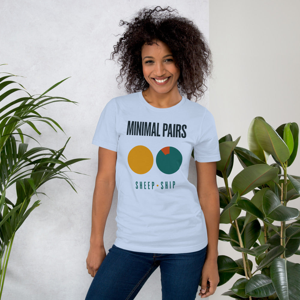 Minimal Pairs speech therapy tee — Baby Blue, on model