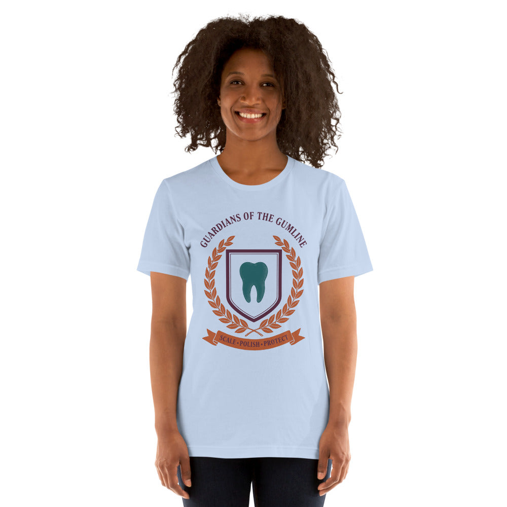 Guardians of the Gumline dental hygienist tee — Baby Blue, on model